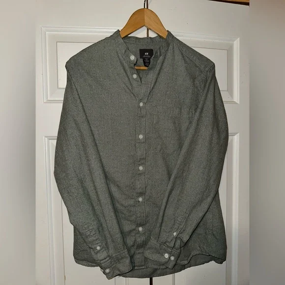 no collar dress shirt h&m H&M Shirt Mens Small S Button Up Long Sleeve Sage Green Dress Or Casual